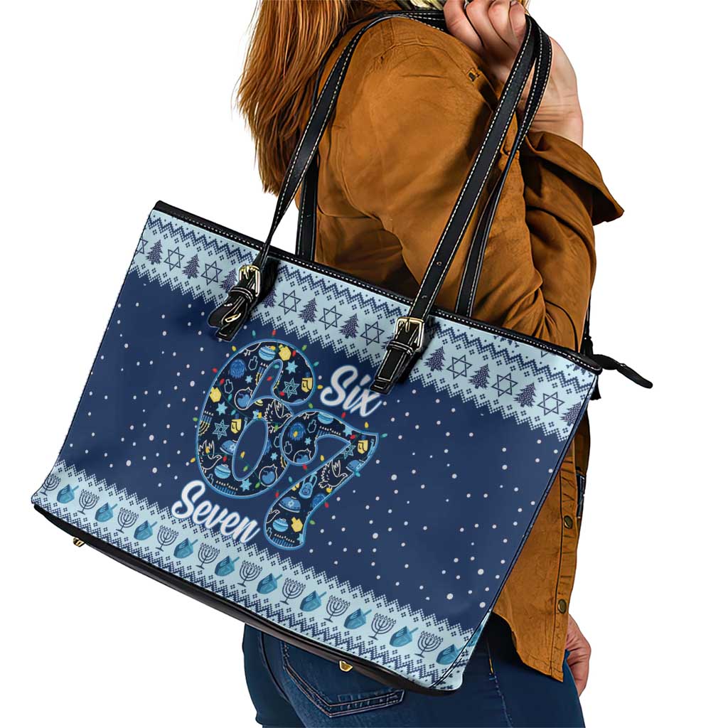 Funny Hanukkah Six Seven Leather Tote Bag Gen Alpha Meme Vibes - Wonder Print Shop