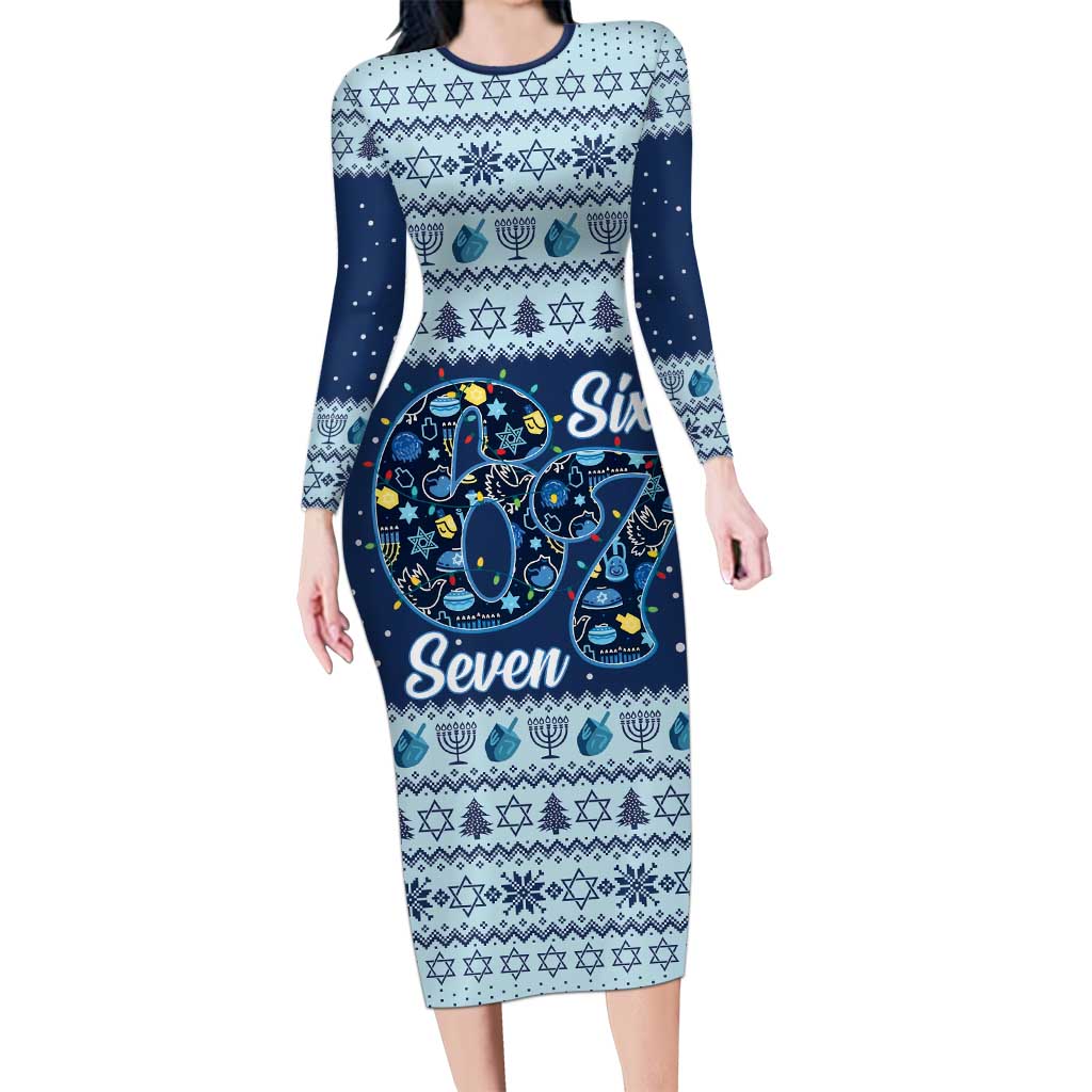 Funny Hanukkah Six Seven Long Sleeve Bodycon Dress Gen Alpha Meme Vibes - Wonder Print Shop