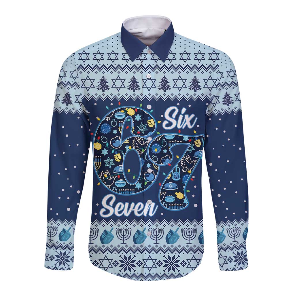 Funny Hanukkah Six Seven Long Sleeve Button Shirt Gen Alpha Meme Vibes - Wonder Print Shop