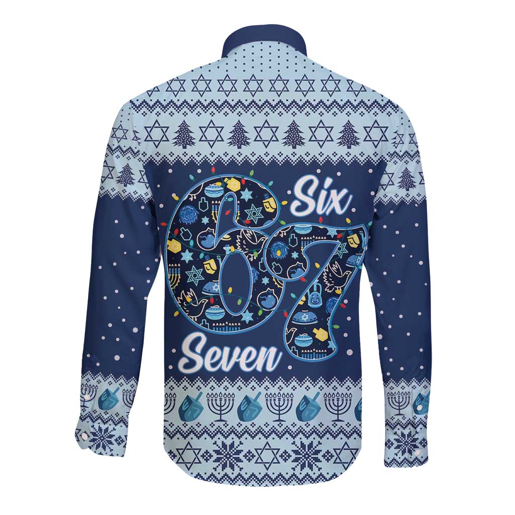 Funny Hanukkah Six Seven Long Sleeve Button Shirt Gen Alpha Meme Vibes - Wonder Print Shop