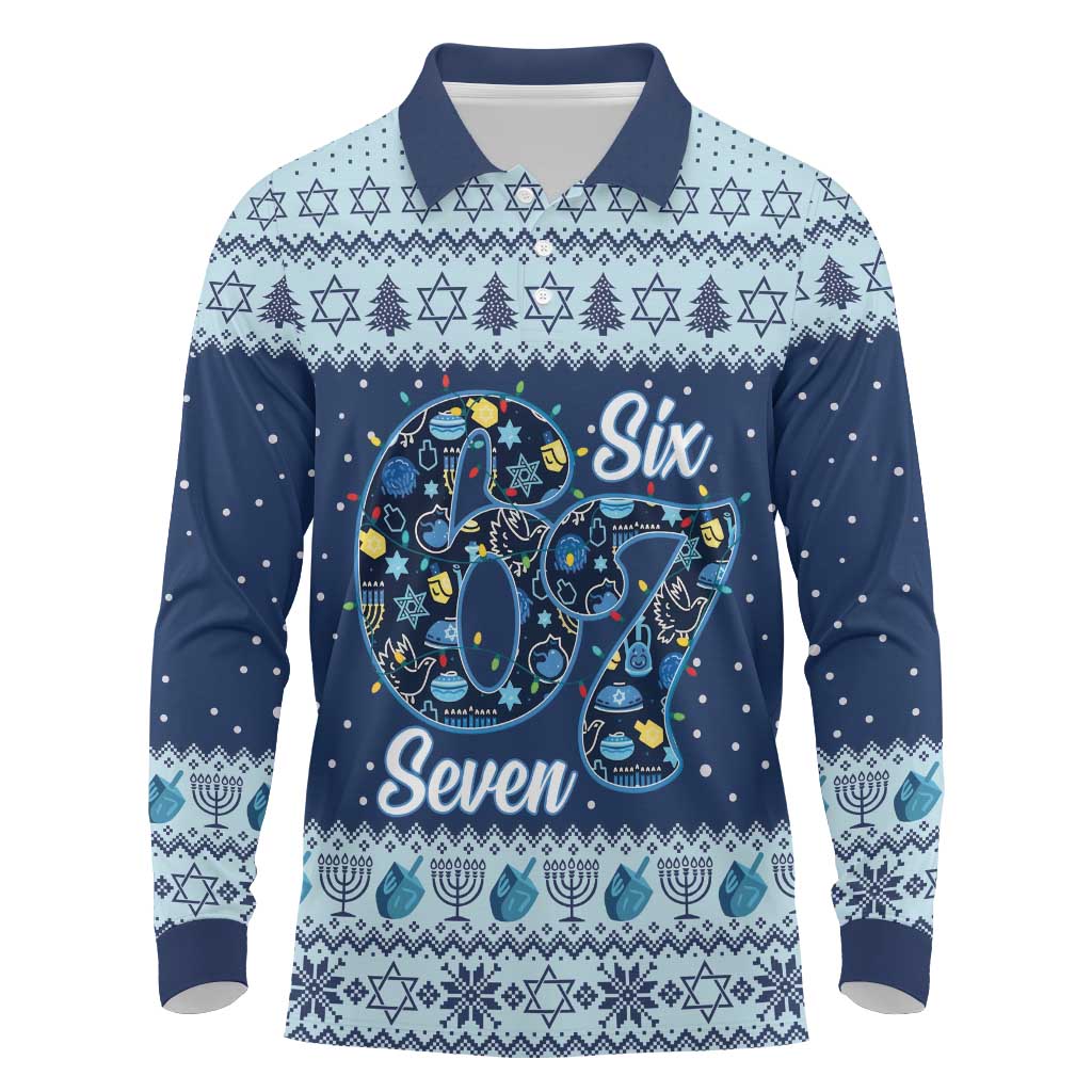 Funny Hanukkah Six Seven Long Sleeve Polo Shirt Gen Alpha Meme Vibes - Wonder Print Shop