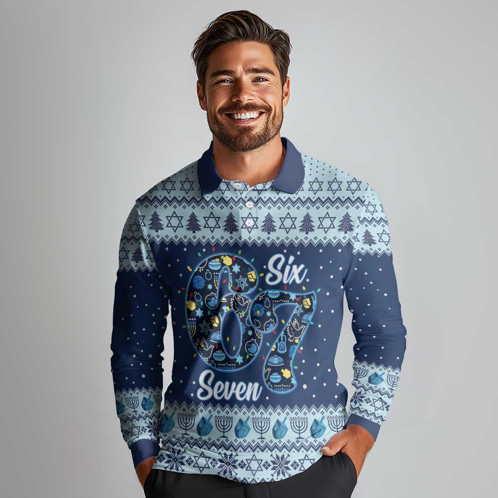 Funny Hanukkah Six Seven Long Sleeve Polo Shirt Gen Alpha Meme Vibes - Wonder Print Shop
