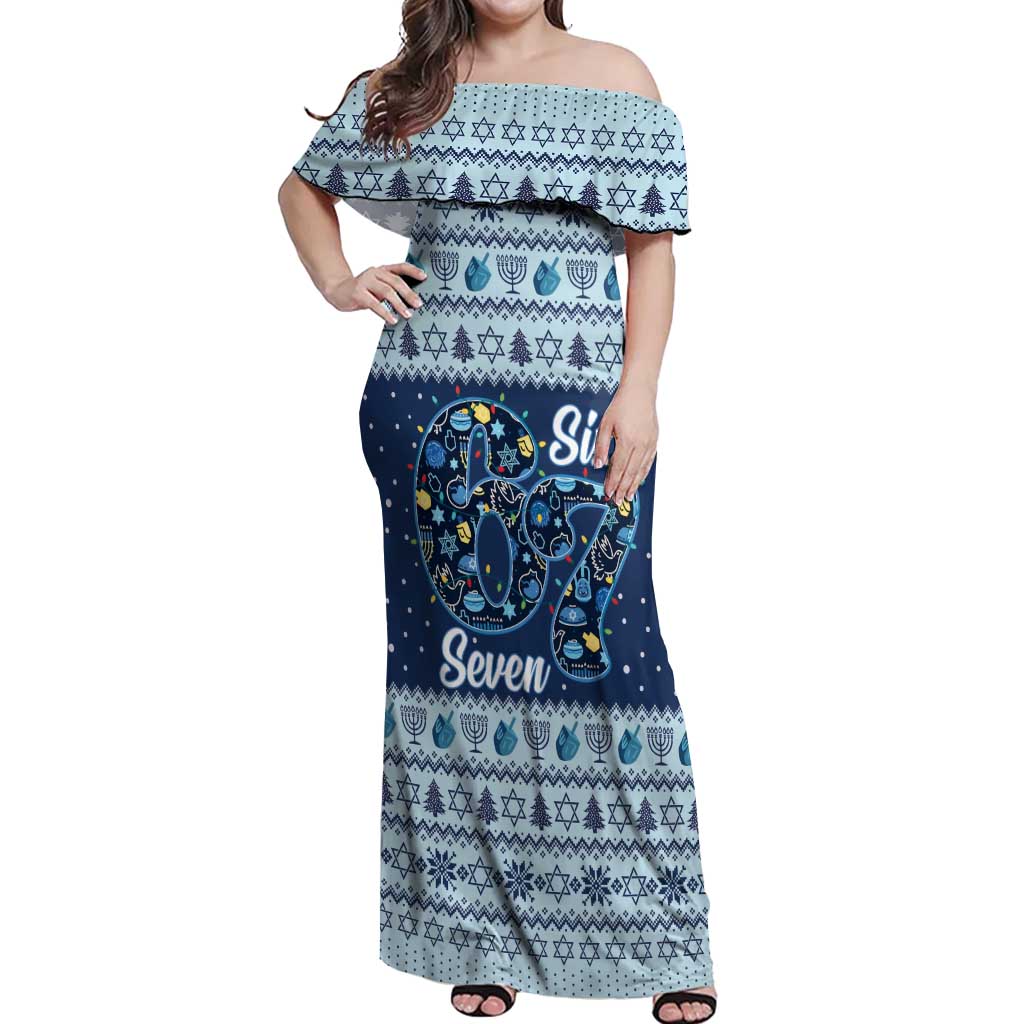 Funny Hanukkah Six Seven Off Shoulder Maxi Dress Gen Alpha Meme Vibes - Wonder Print Shop