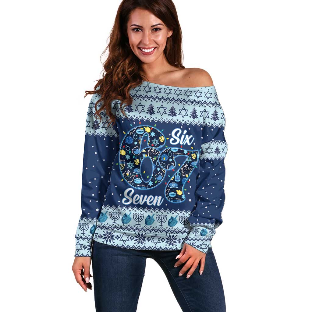 Funny Hanukkah Six Seven Off Shoulder Sweater Gen Alpha Meme Vibes - Wonder Print Shop