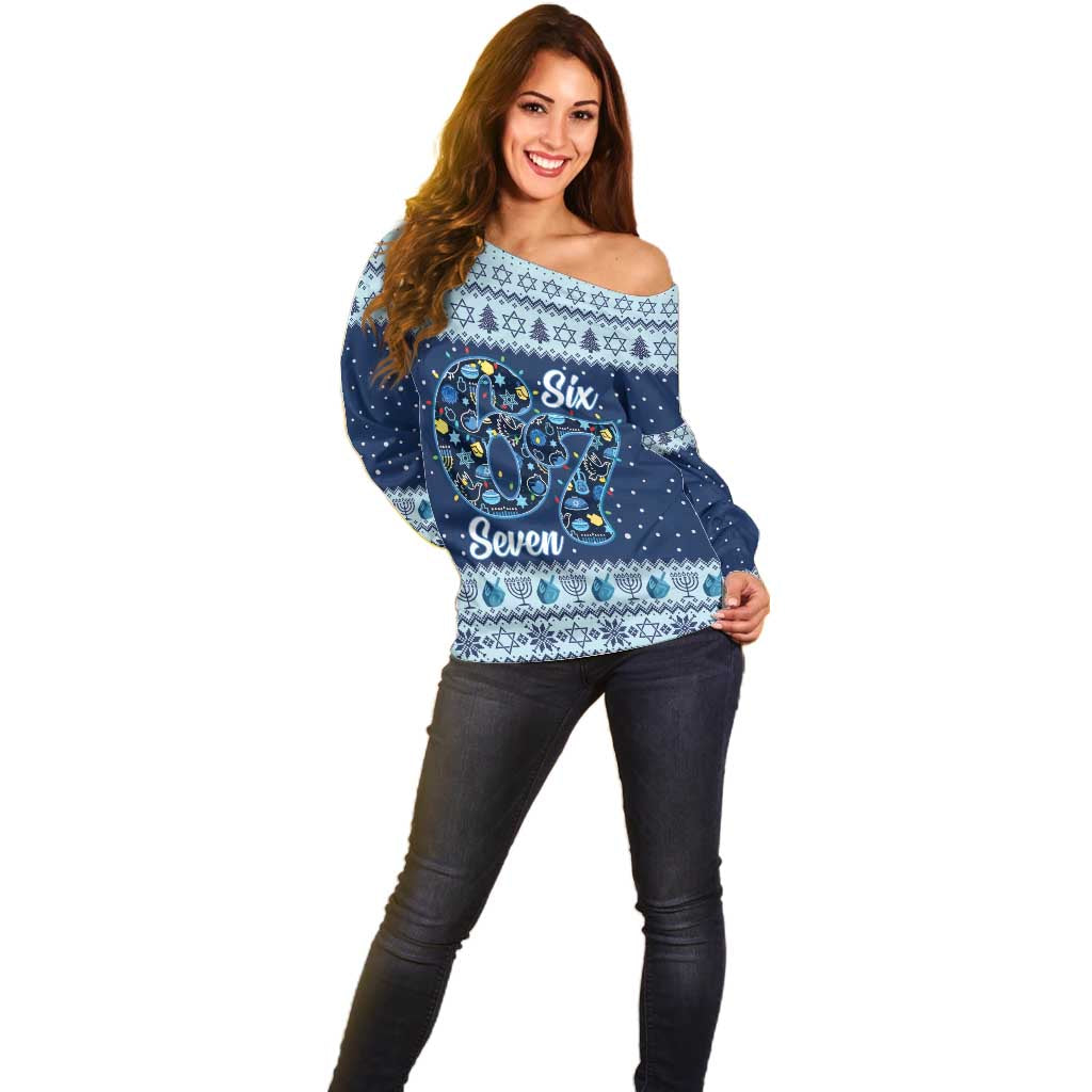 Funny Hanukkah Six Seven Off Shoulder Sweater Gen Alpha Meme Vibes - Wonder Print Shop