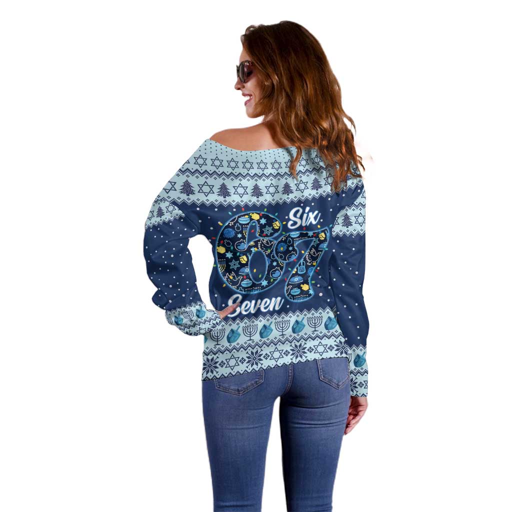 Funny Hanukkah Six Seven Off Shoulder Sweater Gen Alpha Meme Vibes - Wonder Print Shop