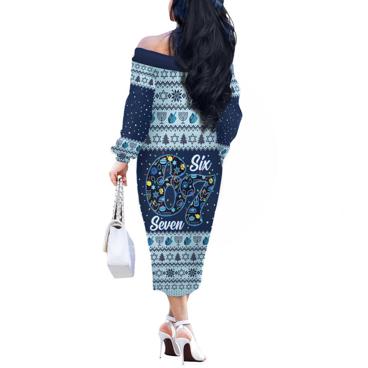 Funny Hanukkah Six Seven Off The Shoulder Long Sleeve Dress Gen Alpha Meme Vibes - Wonder Print Shop