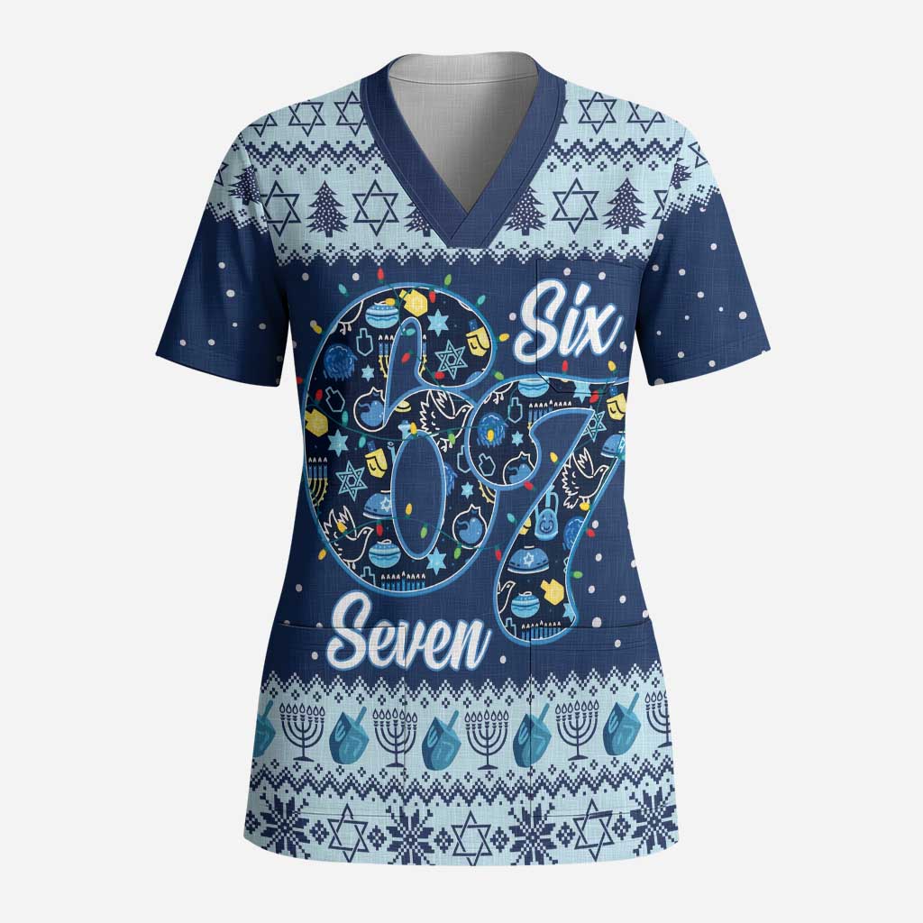 Funny Hanukkah Six Seven Scrub Top Gen Alpha Meme Vibes - Wonder Print Shop