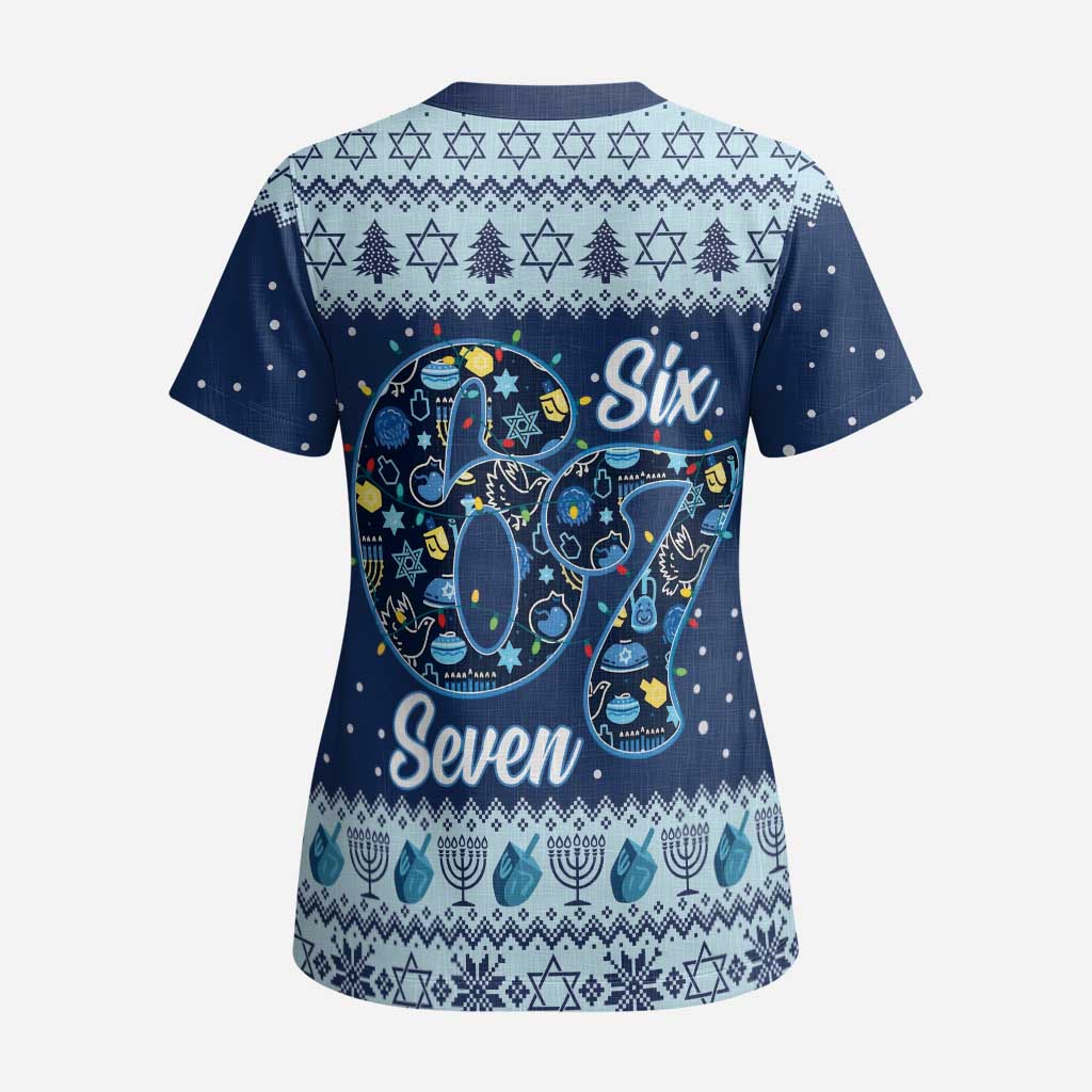 Funny Hanukkah Six Seven Scrub Top Gen Alpha Meme Vibes - Wonder Print Shop