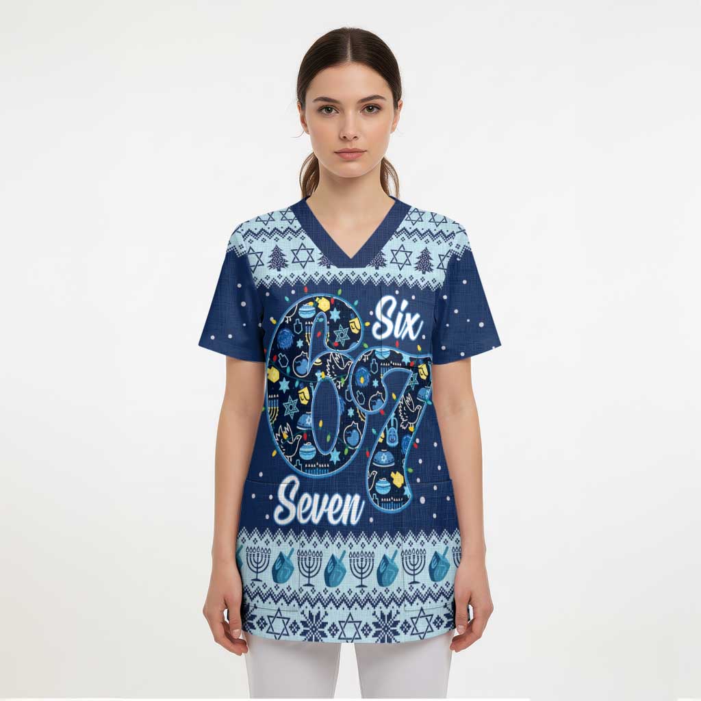 Funny Hanukkah Six Seven Scrub Top Gen Alpha Meme Vibes - Wonder Print Shop