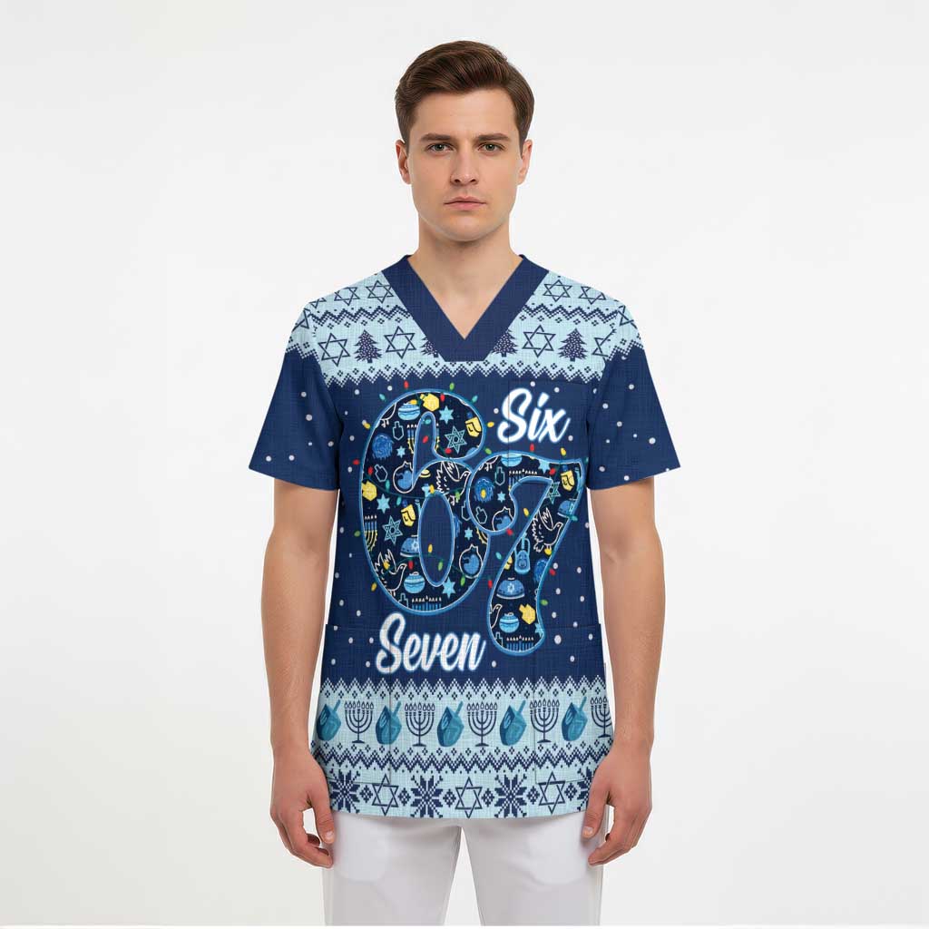 Funny Hanukkah Six Seven Scrub Top Gen Alpha Meme Vibes - Wonder Print Shop