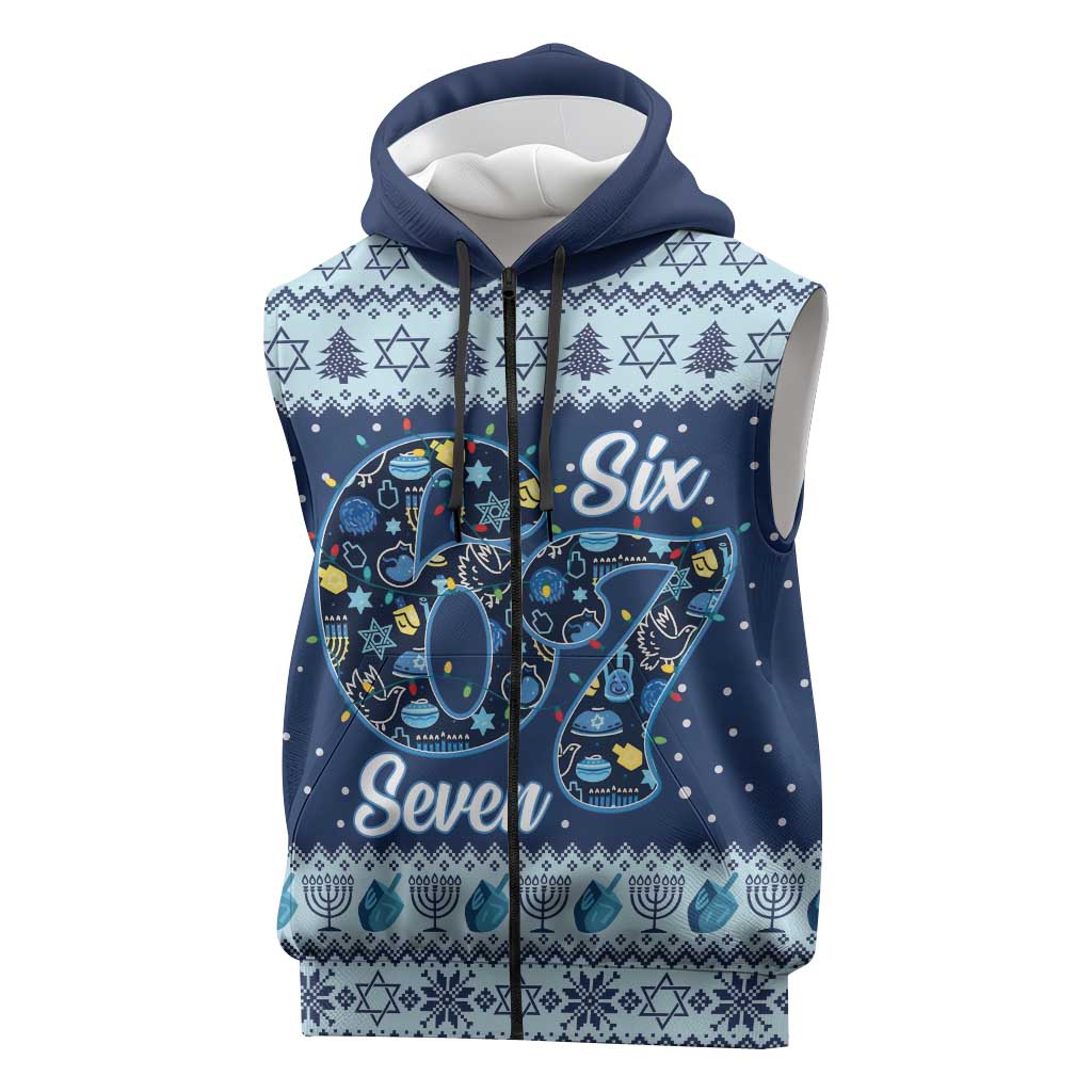 Funny Hanukkah Six Seven Sleeveless Zip Hoodie Gen Alpha Meme Vibes - Wonder Print Shop