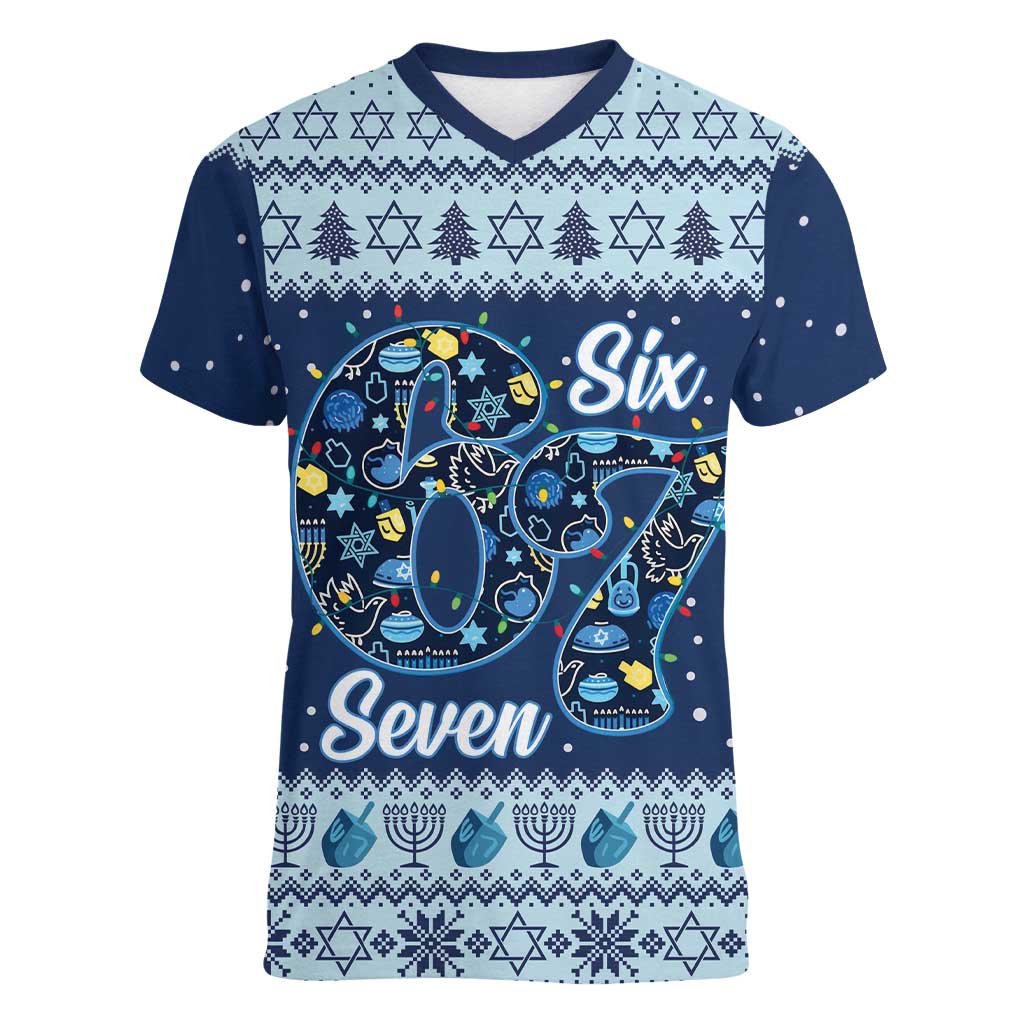 Funny Hanukkah Six Seven Women V-Neck T-Shirt Gen Alpha Meme Vibes - Wonder Print Shop