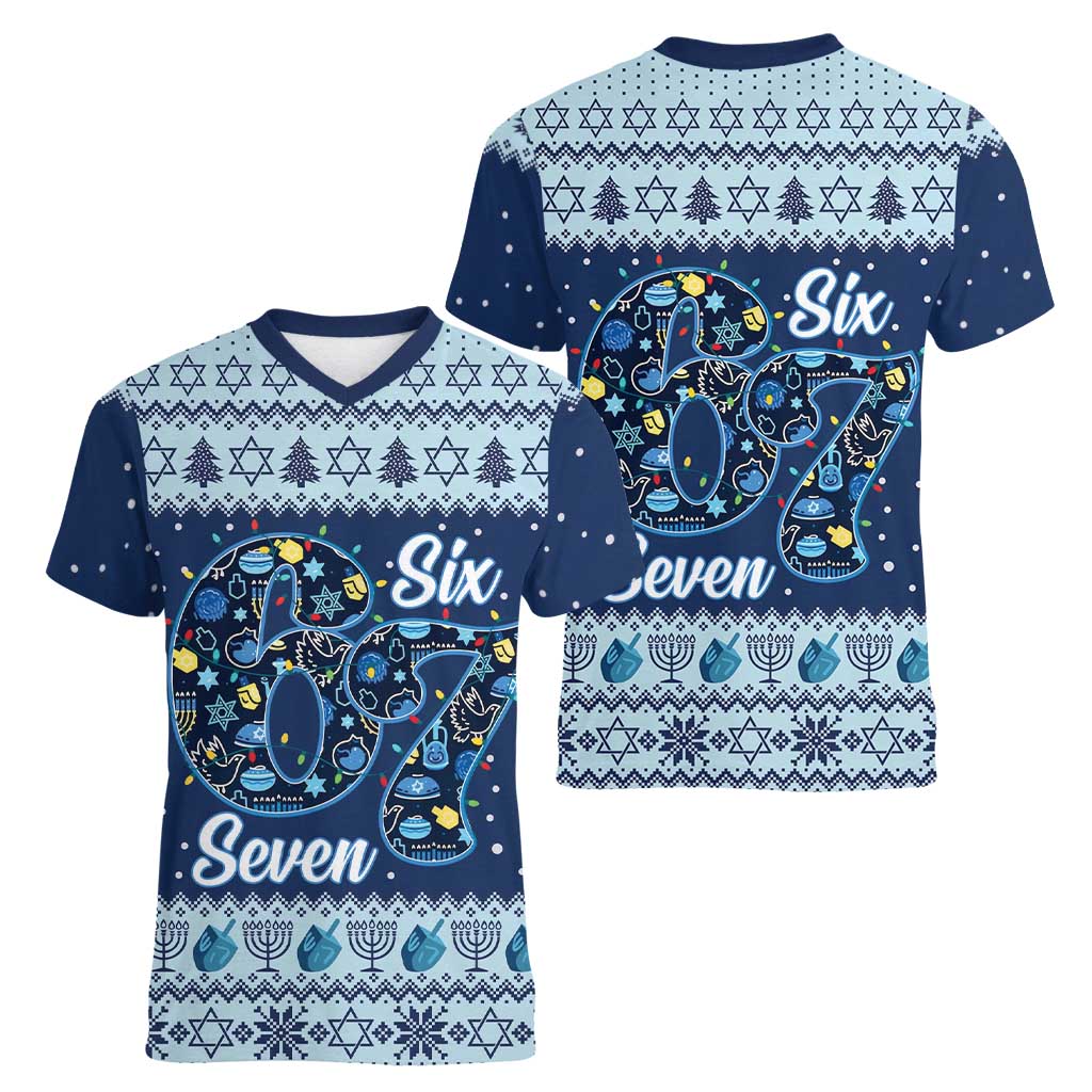Funny Hanukkah Six Seven Women V-Neck T-Shirt Gen Alpha Meme Vibes - Wonder Print Shop
