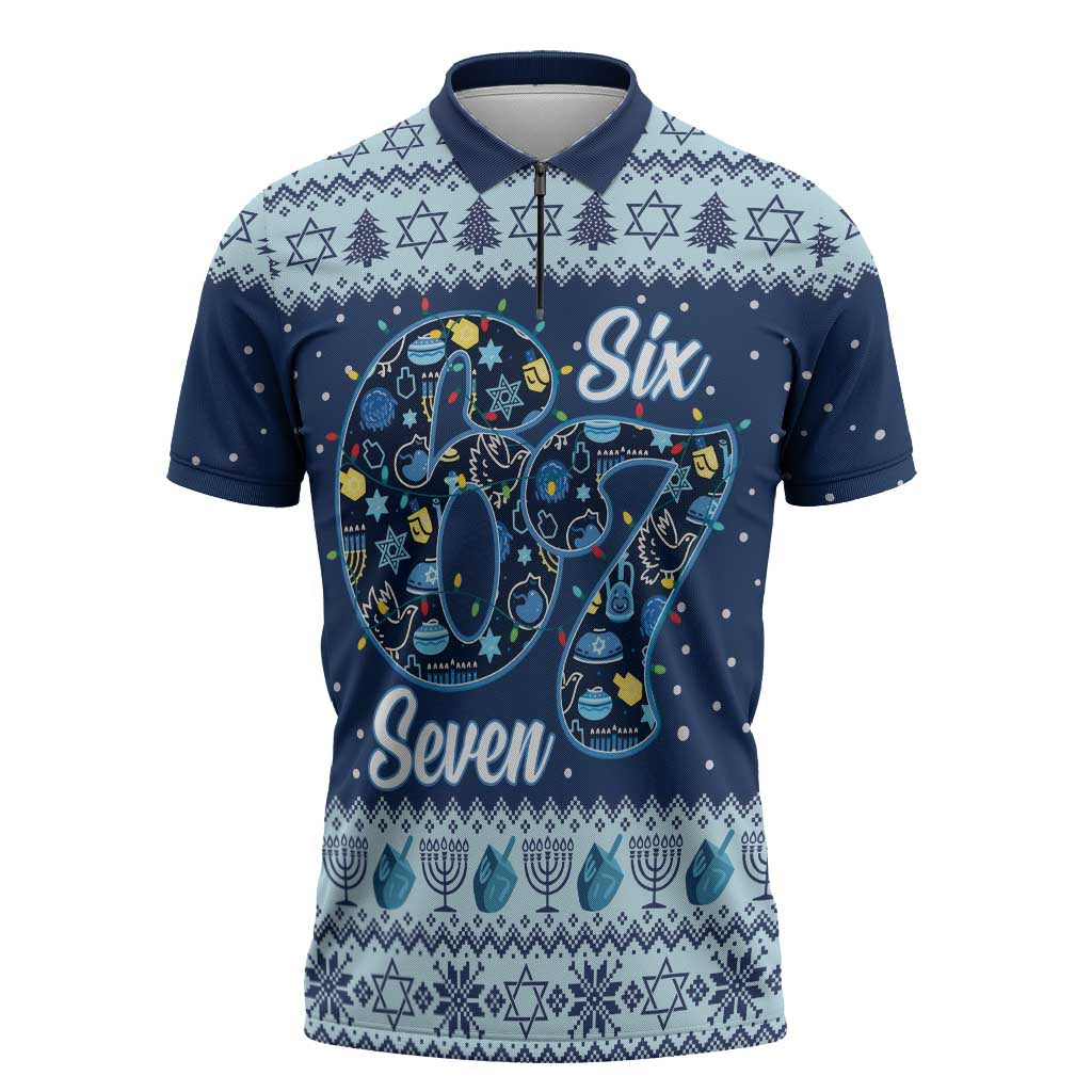 Funny Hanukkah Six Seven Zipper Polo Shirt Gen Alpha Meme Vibes - Wonder Print Shop