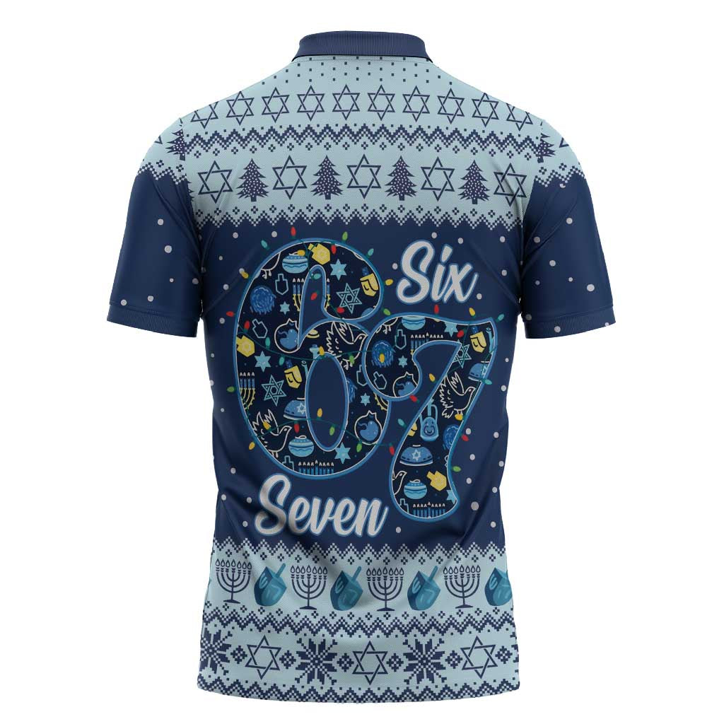 Funny Hanukkah Six Seven Zipper Polo Shirt Gen Alpha Meme Vibes - Wonder Print Shop