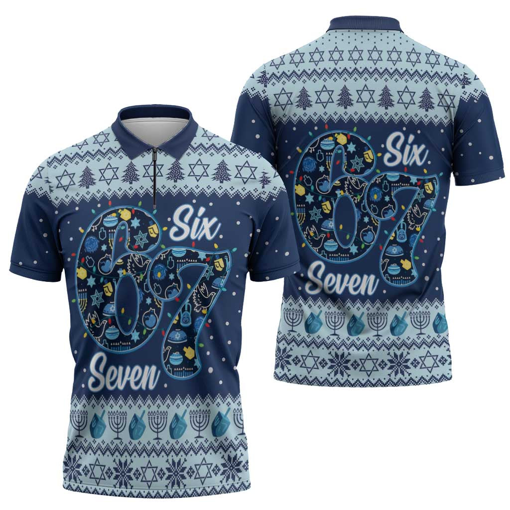 Funny Hanukkah Six Seven Zipper Polo Shirt Gen Alpha Meme Vibes - Wonder Print Shop