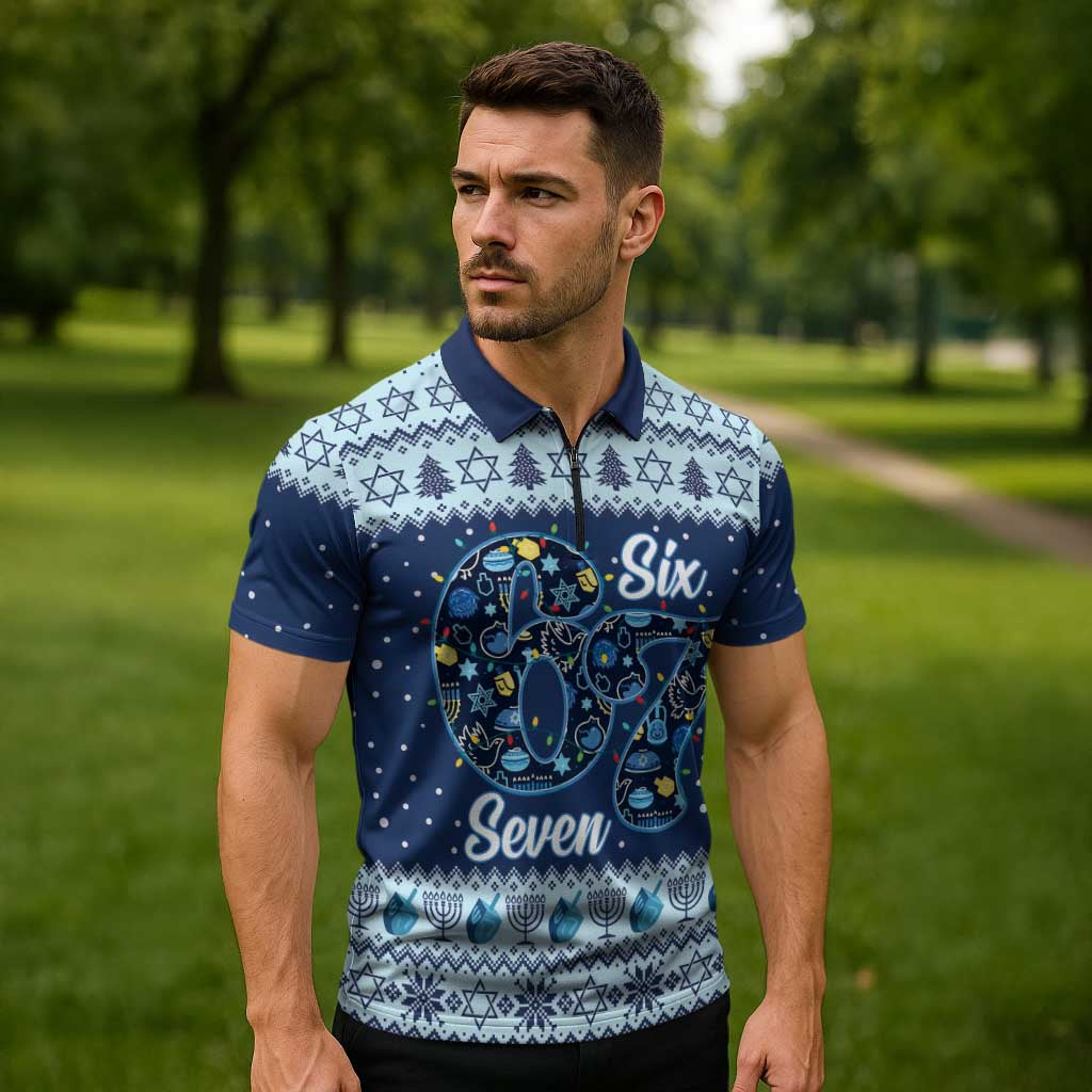 Funny Hanukkah Six Seven Zipper Polo Shirt Gen Alpha Meme Vibes - Wonder Print Shop