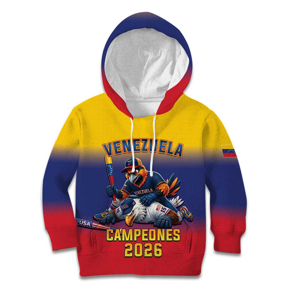 Custom Venezuela Baseball Campeones 2026 Kid Hoodie Turpial Mascot Champion Pride