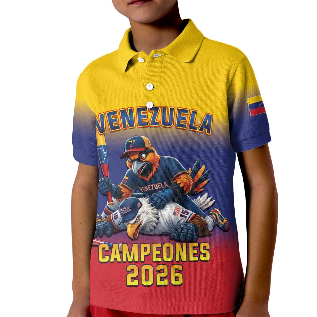 Custom Venezuela Baseball Campeones 2026 Kid Polo Shirt Turpial Mascot Champion Pride