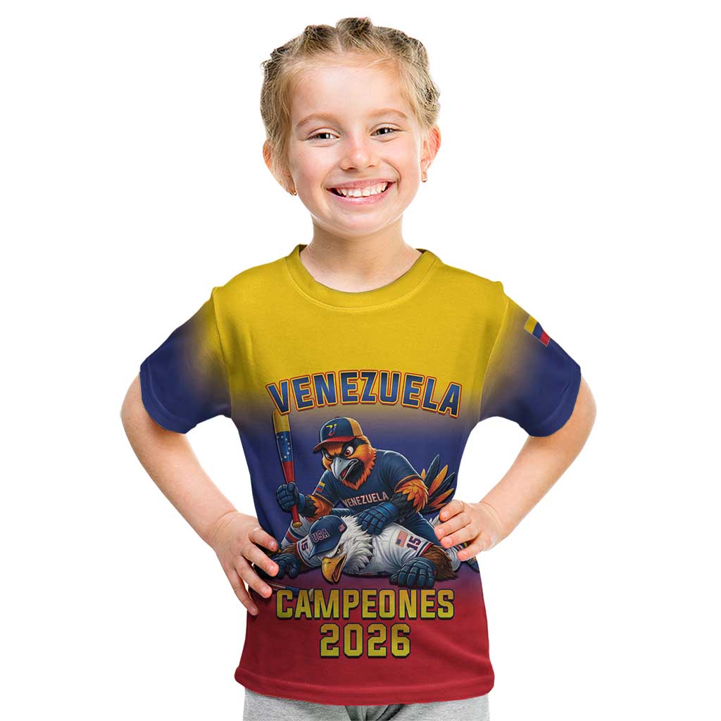 Custom Venezuela Baseball Campeones 2026 Kid T Shirt Turpial Mascot Champion Pride