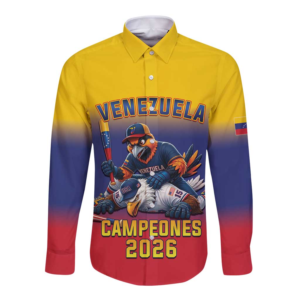 Custom Venezuela Baseball Campeones 2026 Long Sleeve Button Shirt Turpial Mascot Champion Pride