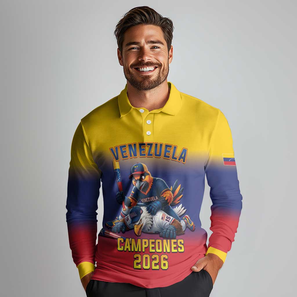 Custom Venezuela Baseball Campeones 2026 Long Sleeve Polo Shirt Turpial Mascot Champion Pride