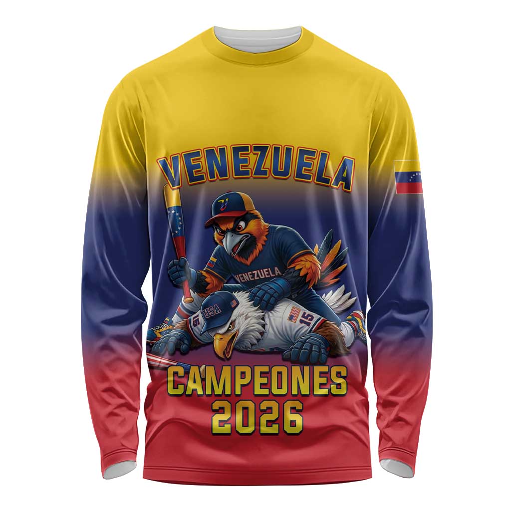 Custom Venezuela Baseball Campeones 2026 Long Sleeve Shirt Turpial Mascot Champion Pride