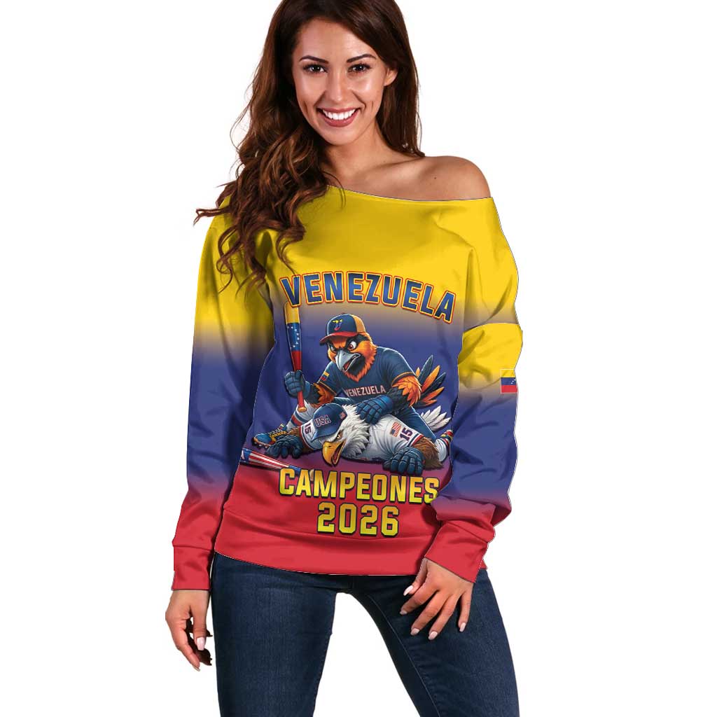 Custom Venezuela Baseball Campeones 2026 Off Shoulder Sweater Turpial Mascot Champion Pride