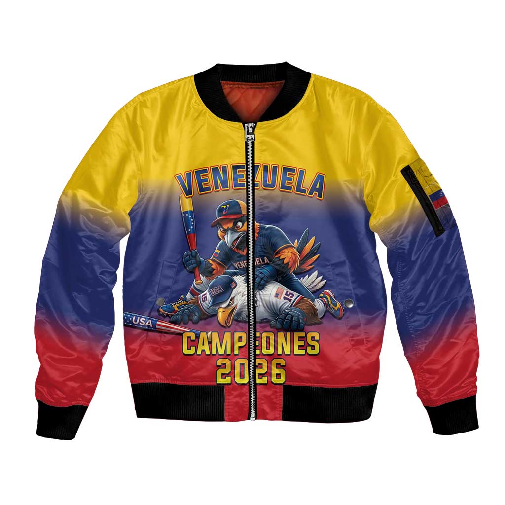 Custom Venezuela Baseball Campeones 2026 Sleeve Zip Bomber Jacket Turpial Mascot Champion Pride