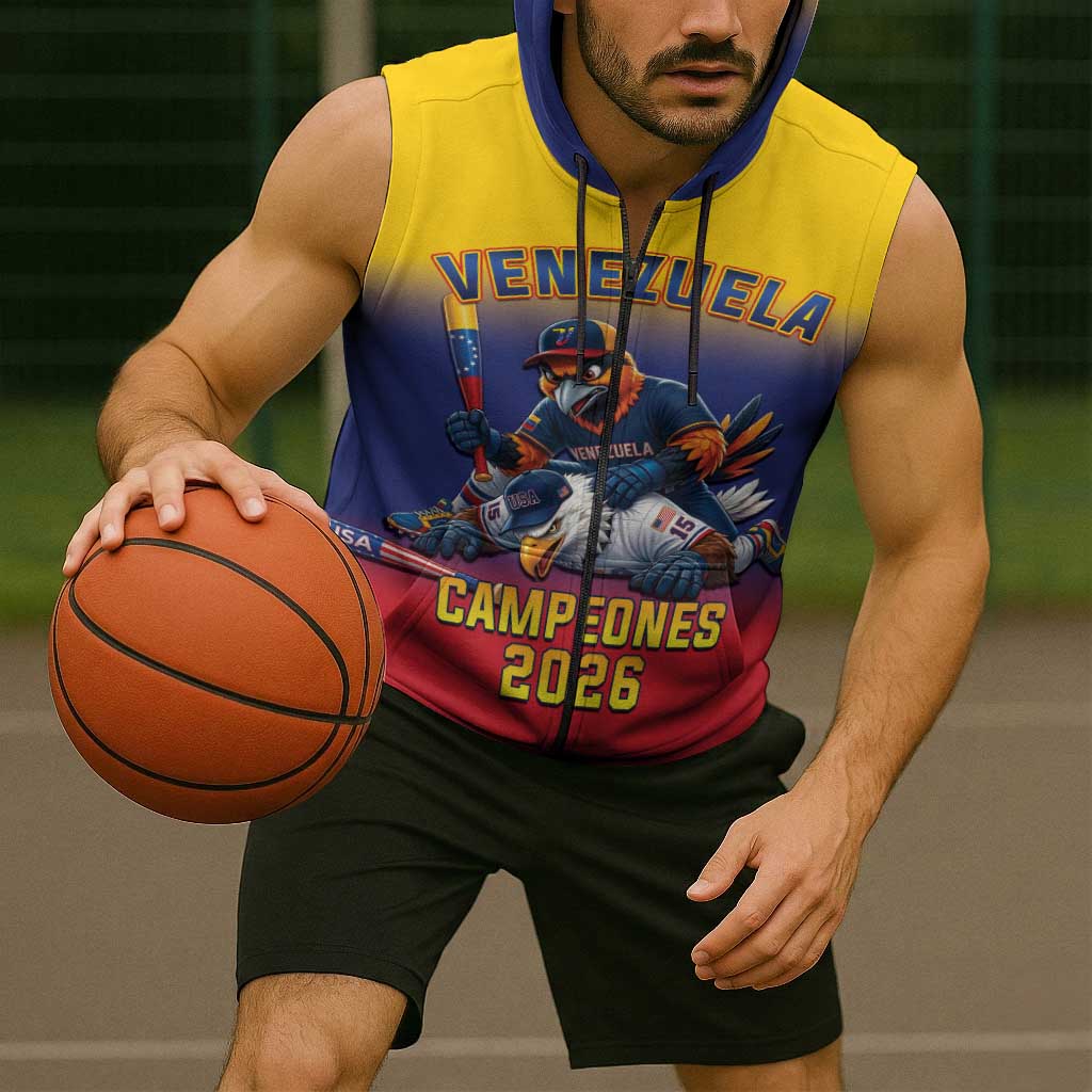 Custom Venezuela Baseball Campeones 2026 Sleeveless Zip Hoodie Turpial Mascot Champion Pride
