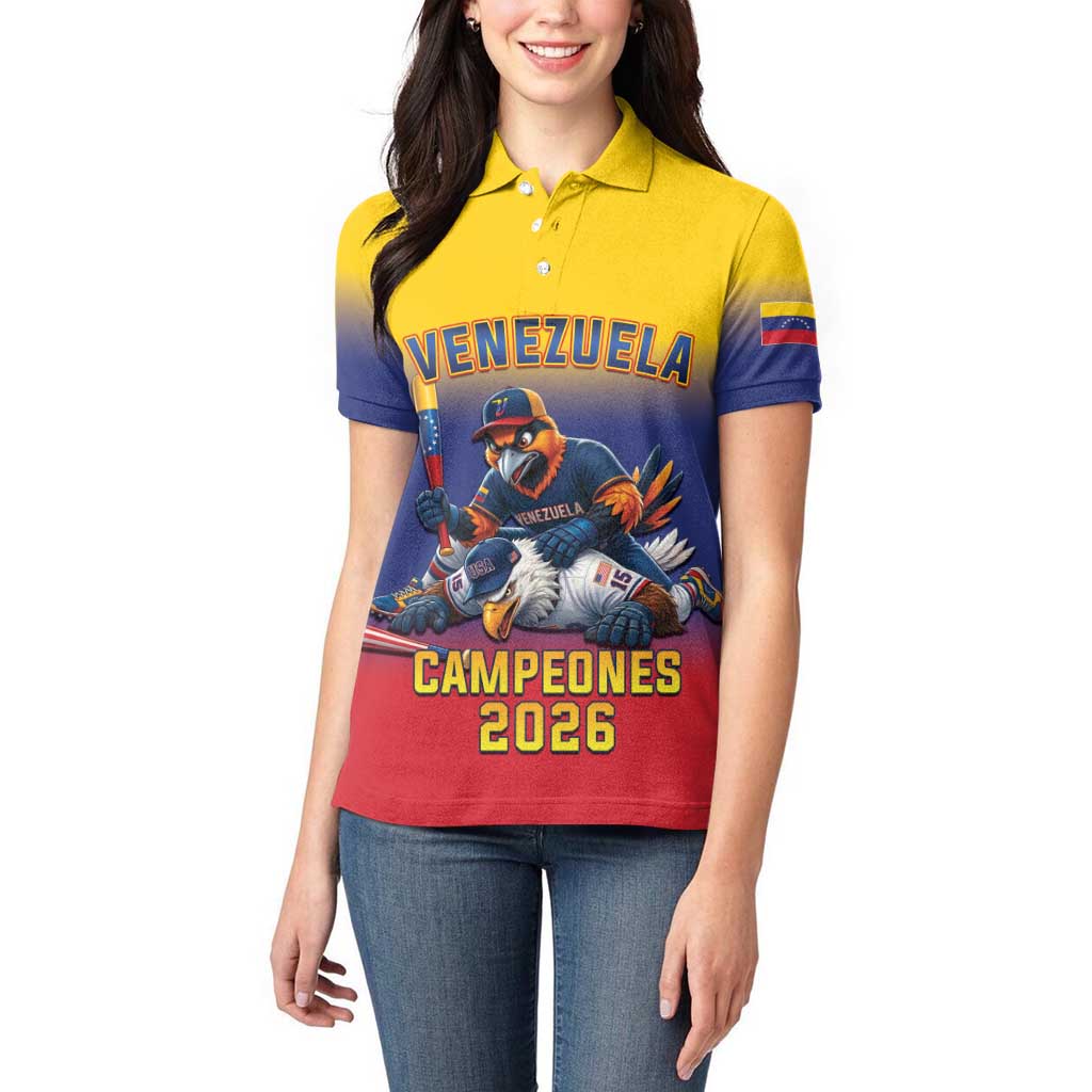 Custom Venezuela Baseball Campeones 2026 Women Polo Shirt Turpial Mascot Champion Pride
