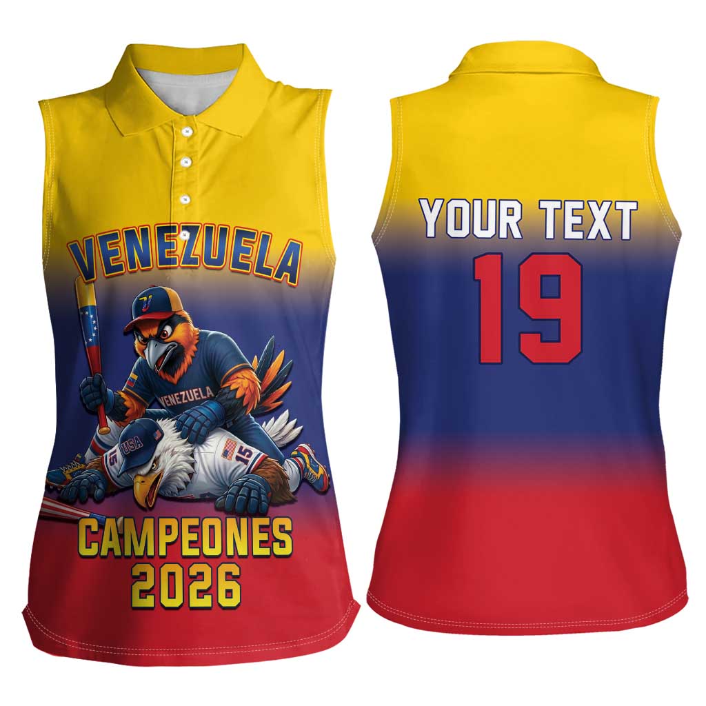 Custom Venezuela Baseball Campeones 2026 Women Sleeveless Polo Shirt Turpial Mascot Champion Pride