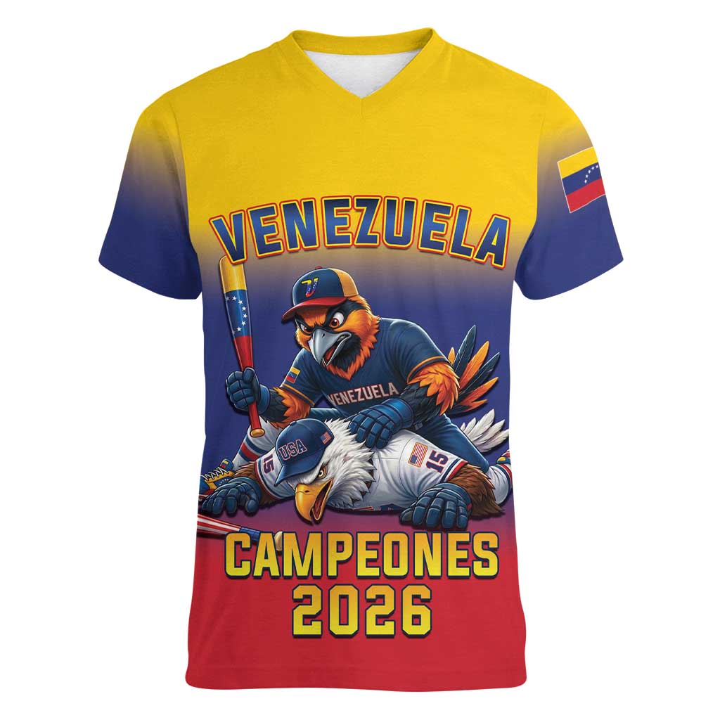 Custom Venezuela Baseball Campeones 2026 Women V-Neck T-Shirt Turpial Mascot Champion Pride