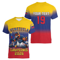 Custom Venezuela Baseball Campeones 2026 Women V-Neck T-Shirt Turpial Mascot Champion Pride