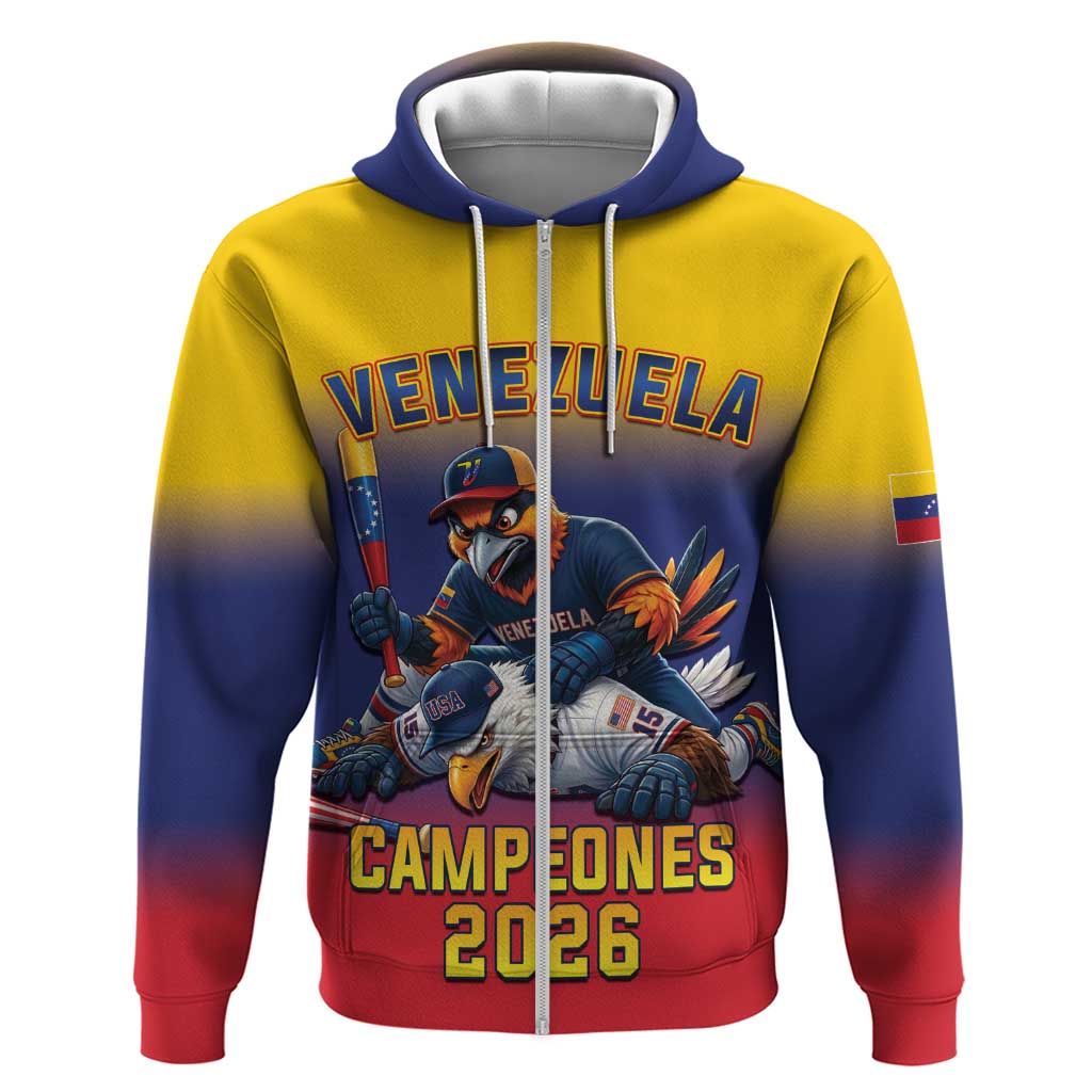 Custom Venezuela Baseball Campeones 2026 Zip Hoodie Turpial Mascot Champion Pride
