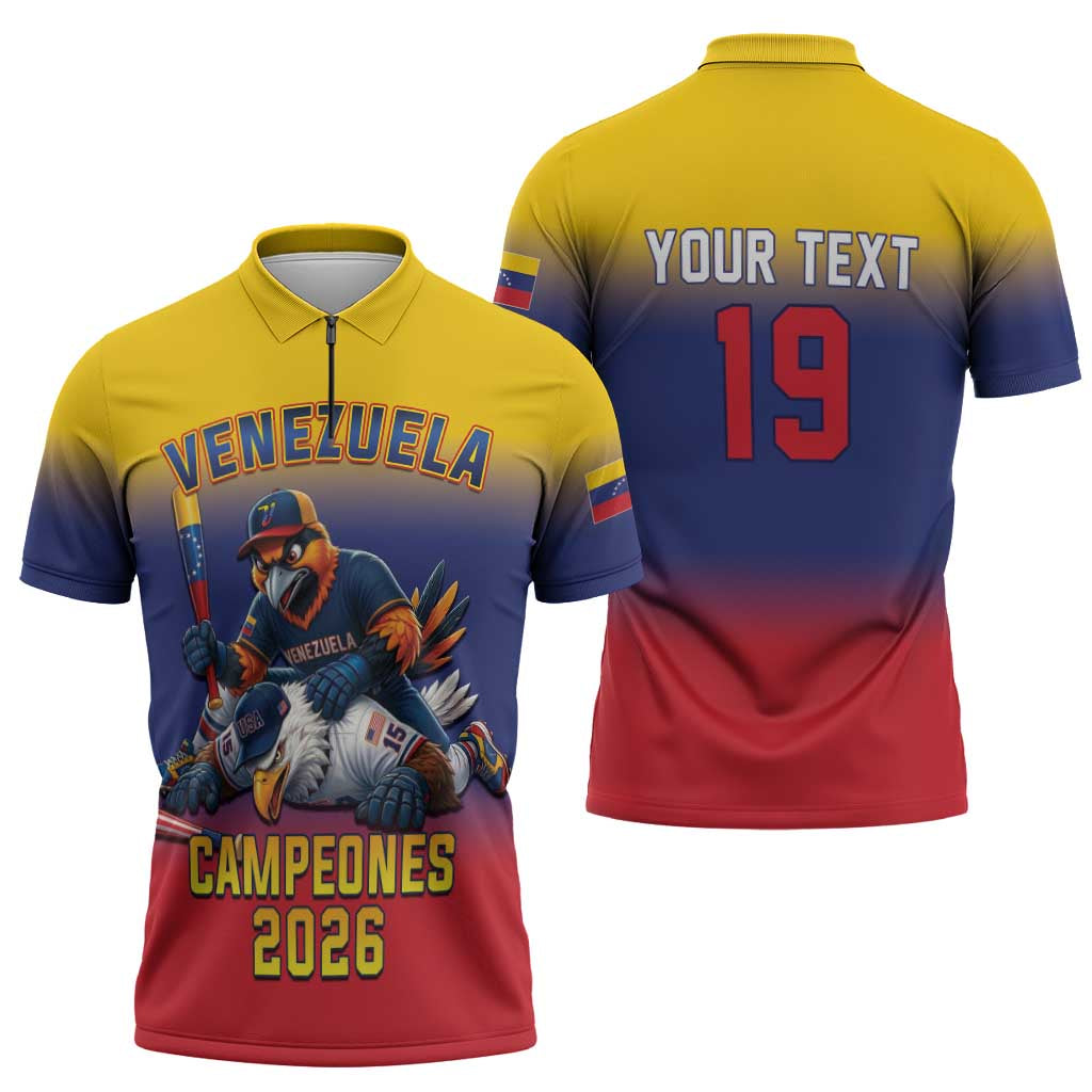 Custom Venezuela Baseball Campeones 2026 Zipper Polo Shirt Turpial Mascot Champion Pride
