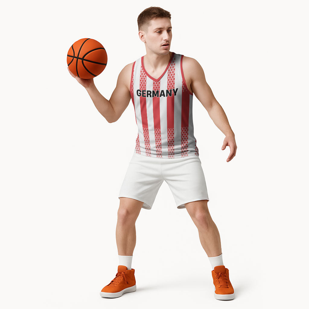 Custom German European Football Champions Basketball Jersey Rot Weiss Geometric Stripes