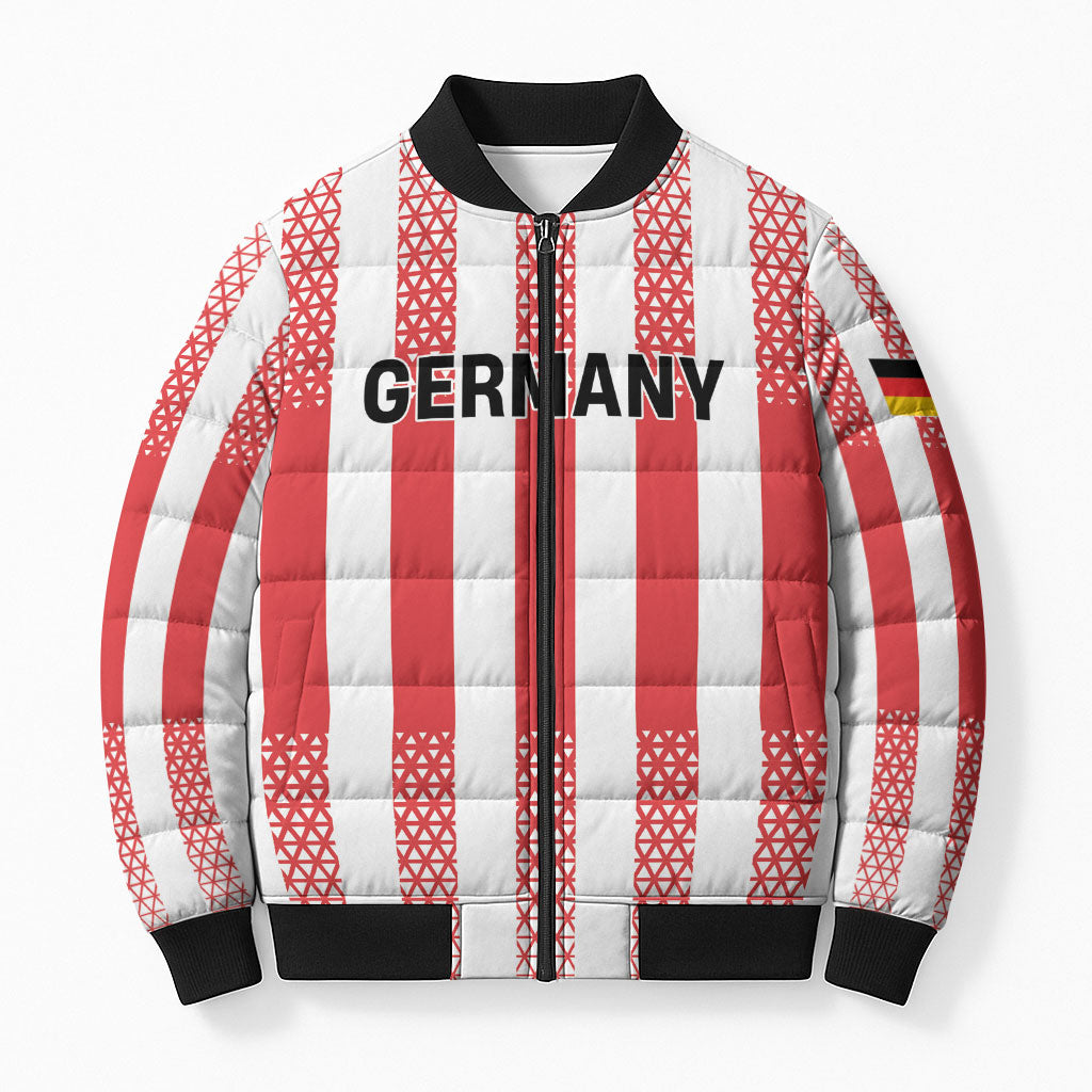 Custom German European Football Champions Bomber Puffer Jacket Rot Weiss Geometric Stripes