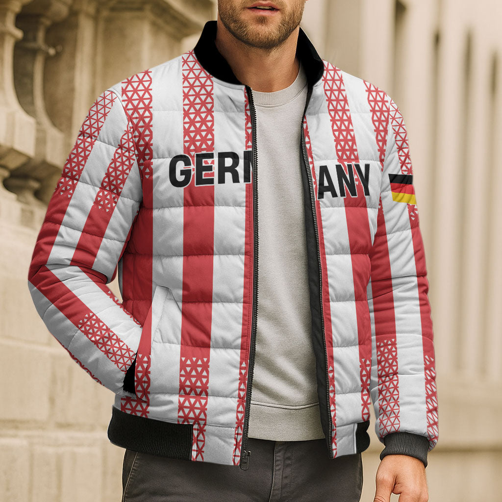 Custom German European Football Champions Bomber Puffer Jacket Rot Weiss Geometric Stripes