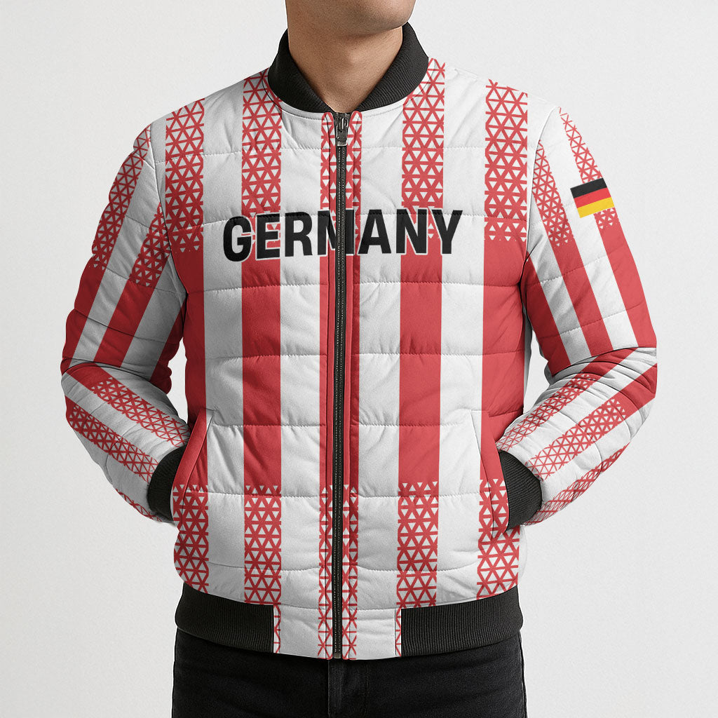 Custom German European Football Champions Bomber Puffer Jacket Rot Weiss Geometric Stripes