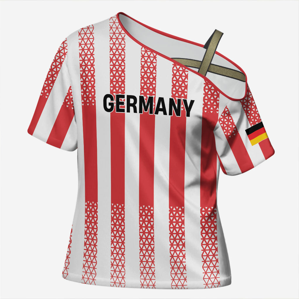 Custom German European Football Champions Cross Shoulder Shirt Rot Weiss Geometric Stripes