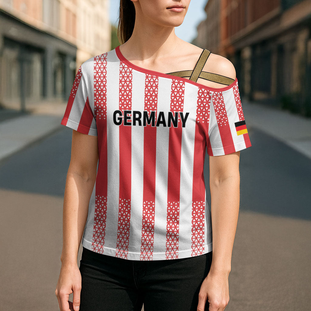 Custom German European Football Champions Cross Shoulder Shirt Rot Weiss Geometric Stripes