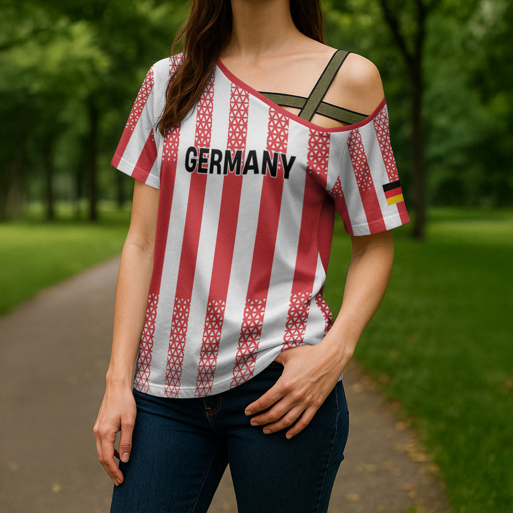 Custom German European Football Champions Cross Shoulder Shirt Rot Weiss Geometric Stripes