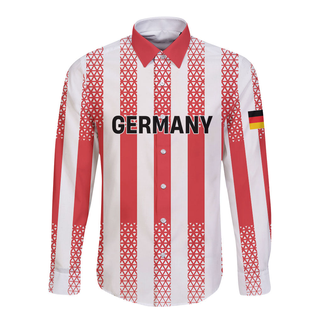 Custom German European Football Champions Long Sleeve Button Shirt Rot Weiss Geometric Stripes