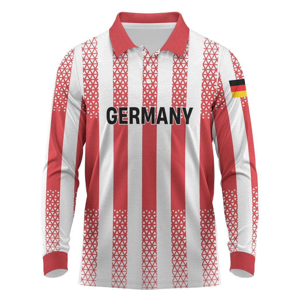 Custom German European Football Champions Long Sleeve Polo Shirt Rot Weiss Geometric Stripes