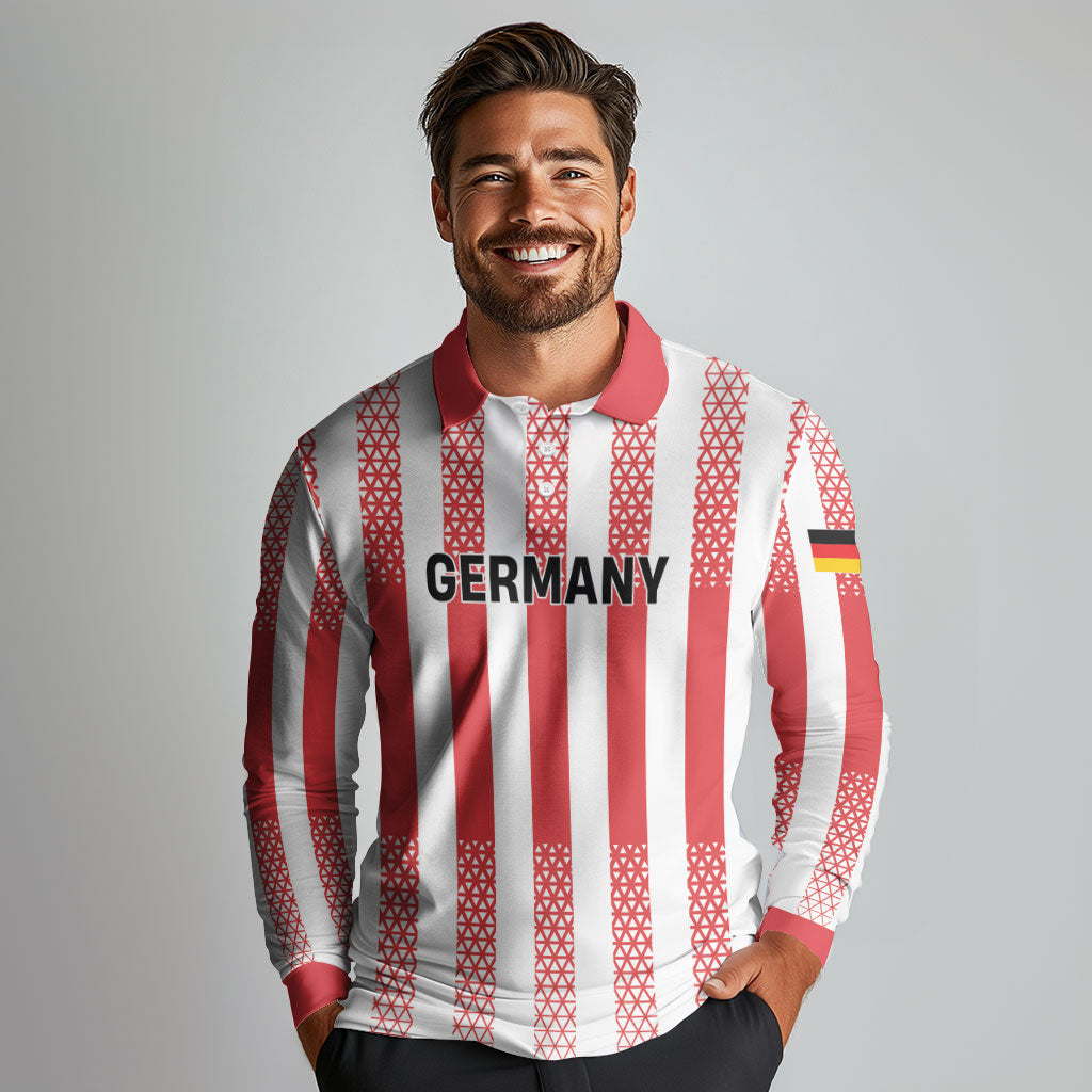 Custom German European Football Champions Long Sleeve Polo Shirt Rot Weiss Geometric Stripes