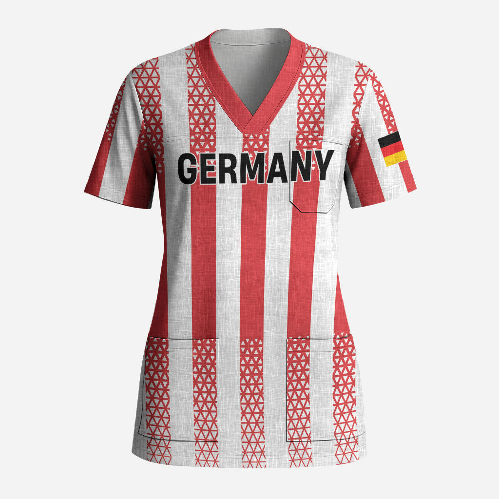 Custom German European Football Champions Scrub Top Rot Weiss Geometric Stripes