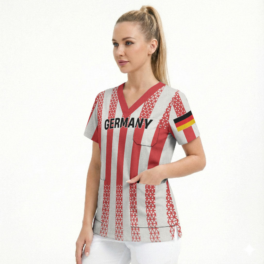 Custom German European Football Champions Scrub Top Rot Weiss Geometric Stripes