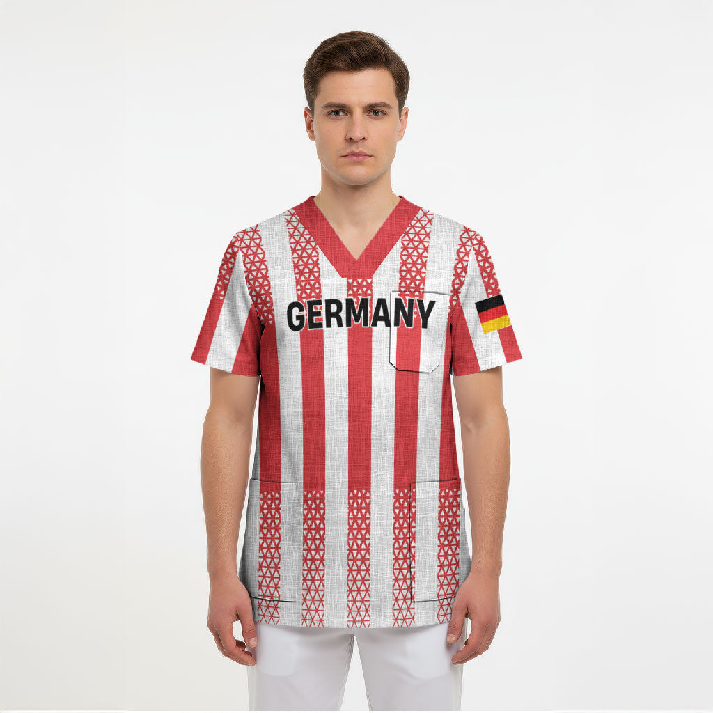 Custom German European Football Champions Scrub Top Rot Weiss Geometric Stripes
